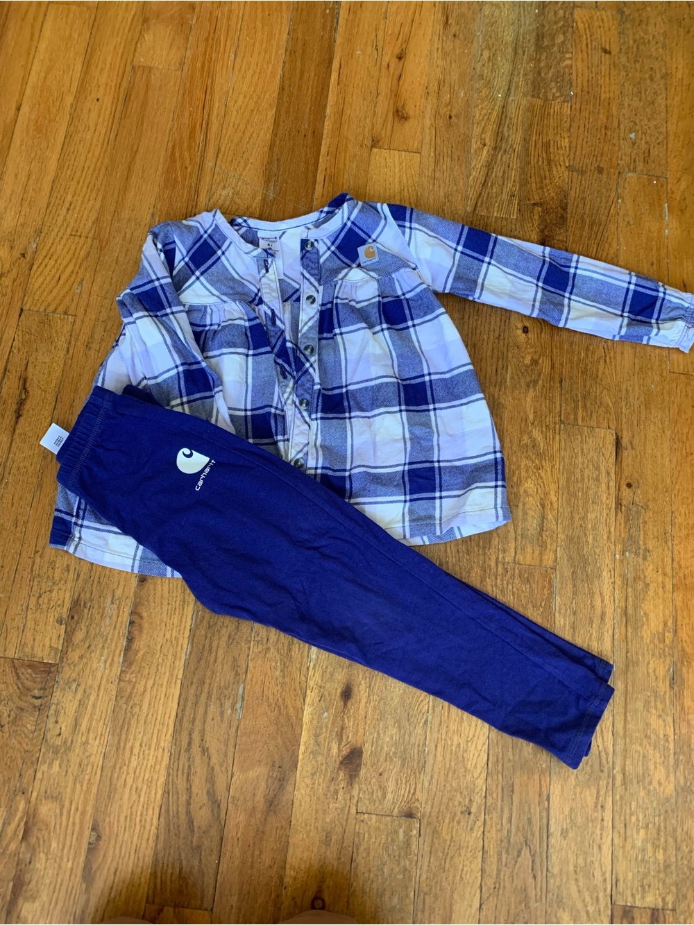 Carhartt Girls' Blue and White Plaid Top with Navy Leggings Pajama Set